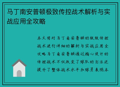 马丁南安普顿极致传控战术解析与实战应用全攻略 马丁南安普顿极致传控战术解析与实战应用全攻略