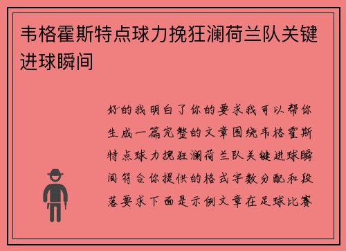 韦格霍斯特点球力挽狂澜荷兰队关键进球瞬间